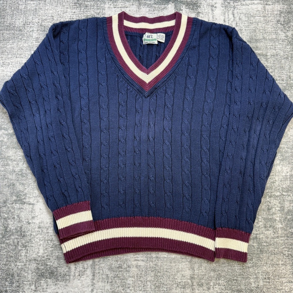 VTG Van Heusen Sweater Medium Tennis Cable Knit V-Neck Ivy Preppy Red White Blue